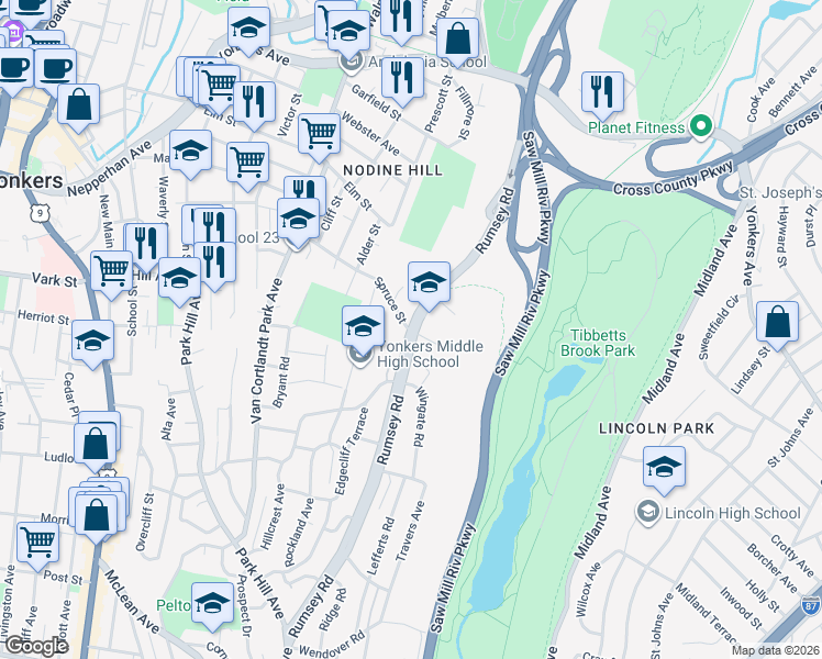 map of restaurants, bars, coffee shops, grocery stores, and more near Rumsey Rd & Spruce St in Yonkers