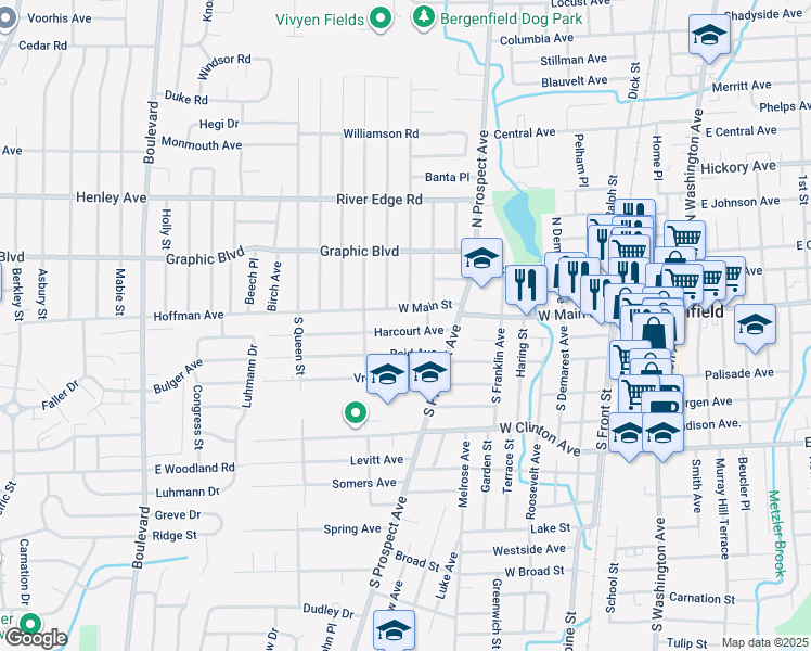 map of restaurants, bars, coffee shops, grocery stores, and more near 41 Harcourt Avenue in Bergenfield