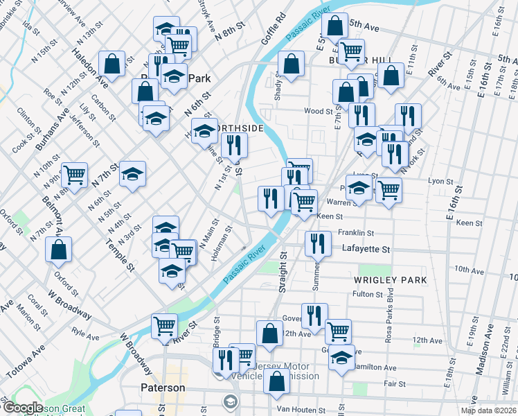 map of restaurants, bars, coffee shops, grocery stores, and more near 44 Watson Street in Paterson