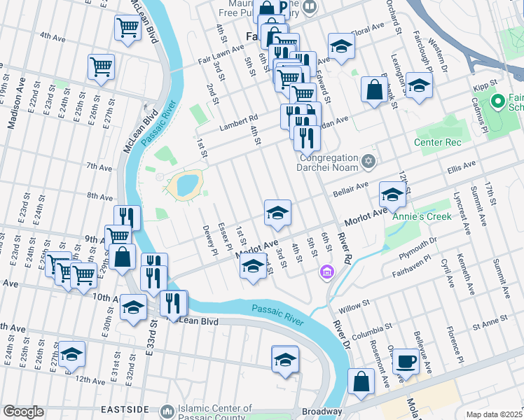 map of restaurants, bars, coffee shops, grocery stores, and more near 6 3rd Street in Fair Lawn