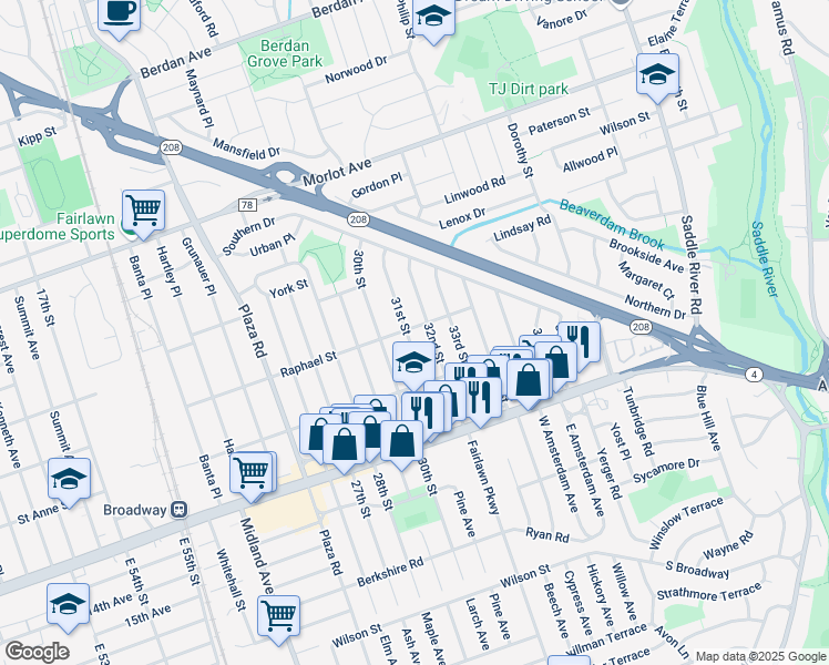 map of restaurants, bars, coffee shops, grocery stores, and more near 31-06 Raphael Street in Fair Lawn
