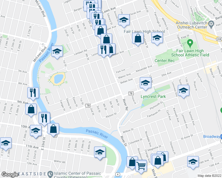 map of restaurants, bars, coffee shops, grocery stores, and more near 7-04 6th Street in Fair Lawn