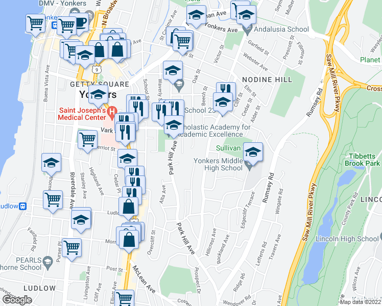 map of restaurants, bars, coffee shops, grocery stores, and more near 232 Willow Street in Yonkers