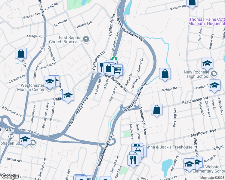 map of restaurants, bars, coffee shops, grocery stores, and more near 212 Hillcrest Road in Mount Vernon