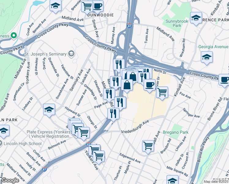 map of restaurants, bars, coffee shops, grocery stores, and more near 21 Murray Avenue in Yonkers