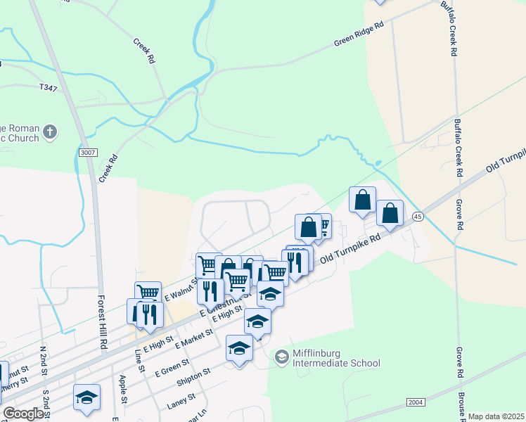 map of restaurants, bars, coffee shops, grocery stores, and more near 144 Meadow Green Drive in Mifflinburg