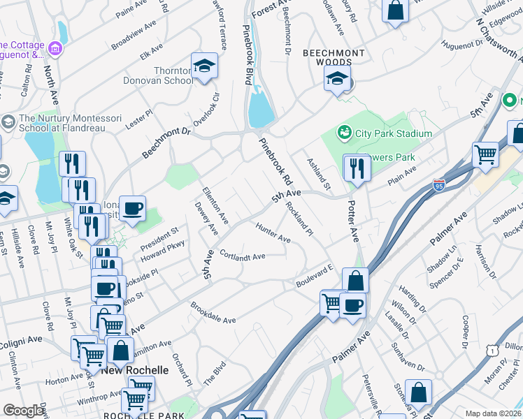 map of restaurants, bars, coffee shops, grocery stores, and more near 306 5th Avenue in New Rochelle