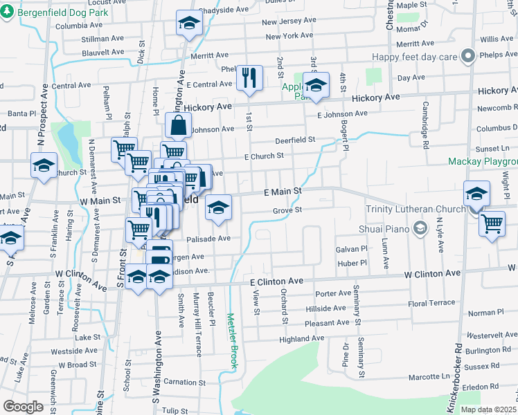 map of restaurants, bars, coffee shops, grocery stores, and more near 25E Grove St in Bergenfield