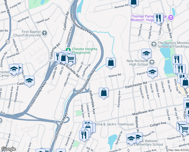 map of restaurants, bars, coffee shops, grocery stores, and more near 63 Robins Crescent in New Rochelle
