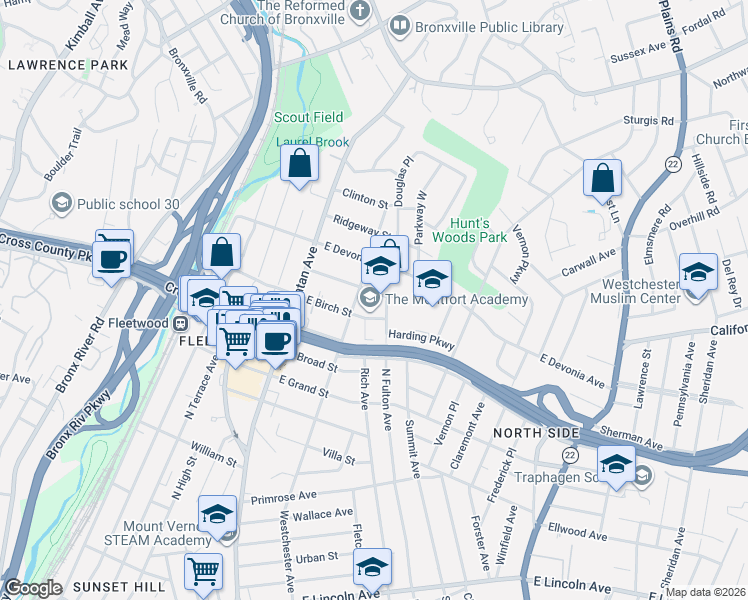 map of restaurants, bars, coffee shops, grocery stores, and more near 502 North Fulton Avenue in Mount Vernon