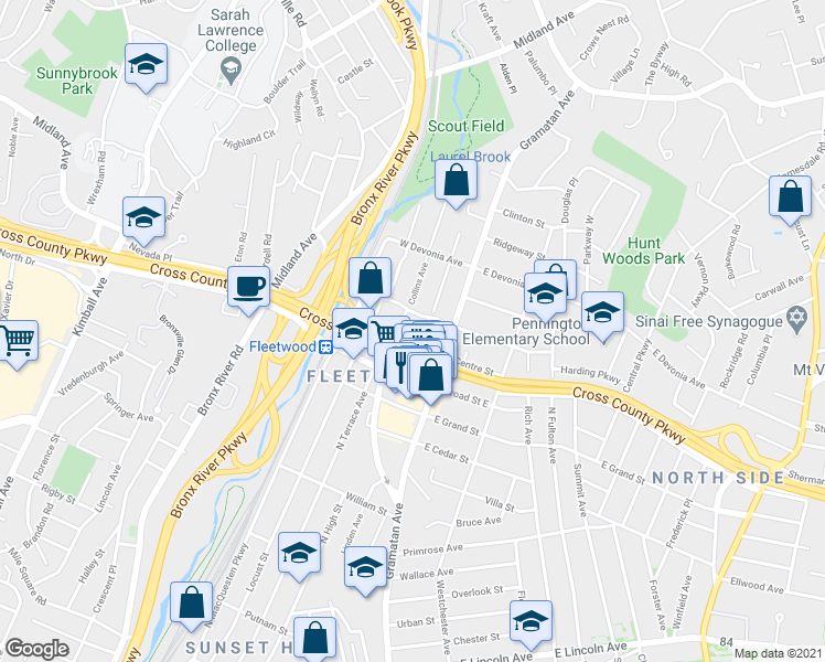 map of restaurants, bars, coffee shops, grocery stores, and more near 630 Gramatan Avenue in Mount Vernon