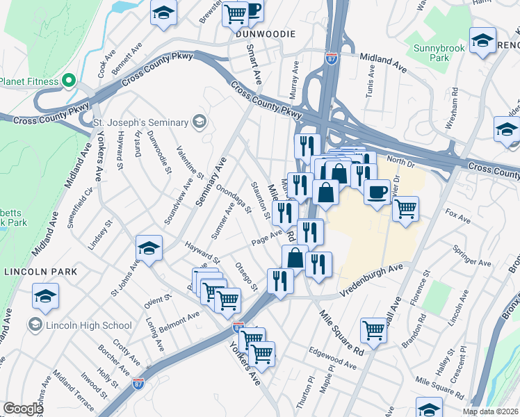 map of restaurants, bars, coffee shops, grocery stores, and more near 68 Staunton Street in Yonkers