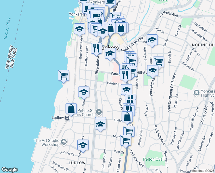 map of restaurants, bars, coffee shops, grocery stores, and more near 64 Jackson Street in Yonkers