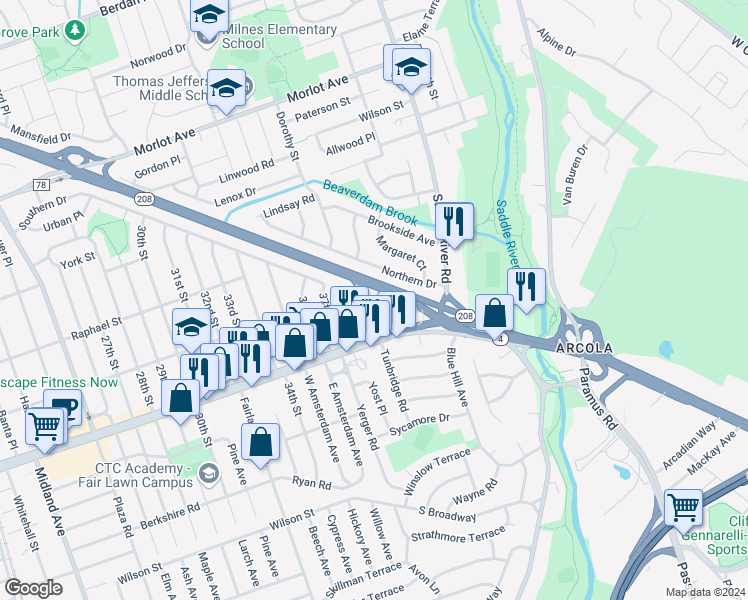 map of restaurants, bars, coffee shops, grocery stores, and more near 3809 Dobrin Court in Fair Lawn