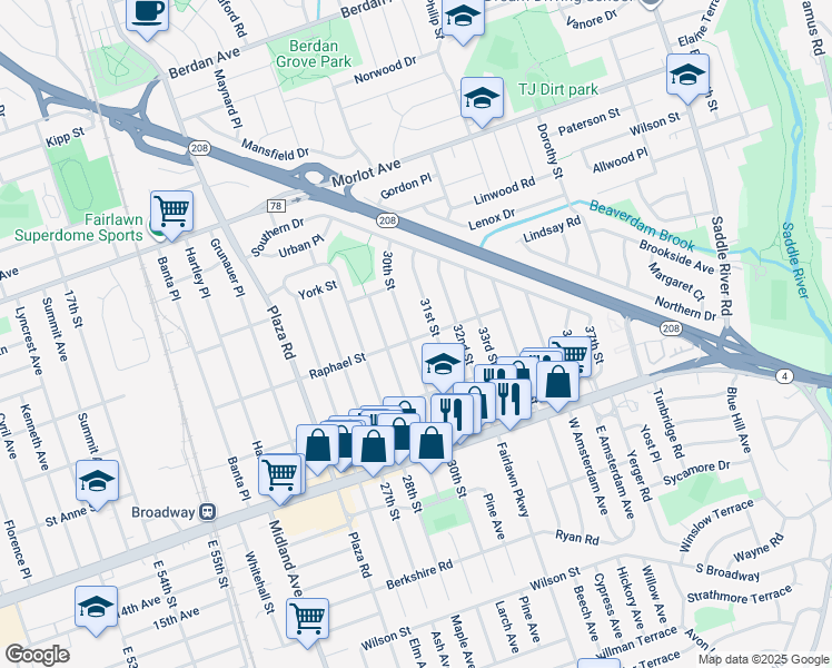 map of restaurants, bars, coffee shops, grocery stores, and more near 309 30th Street in Fair Lawn