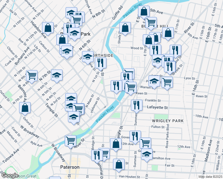 map of restaurants, bars, coffee shops, grocery stores, and more near 44 Watson Street in Paterson