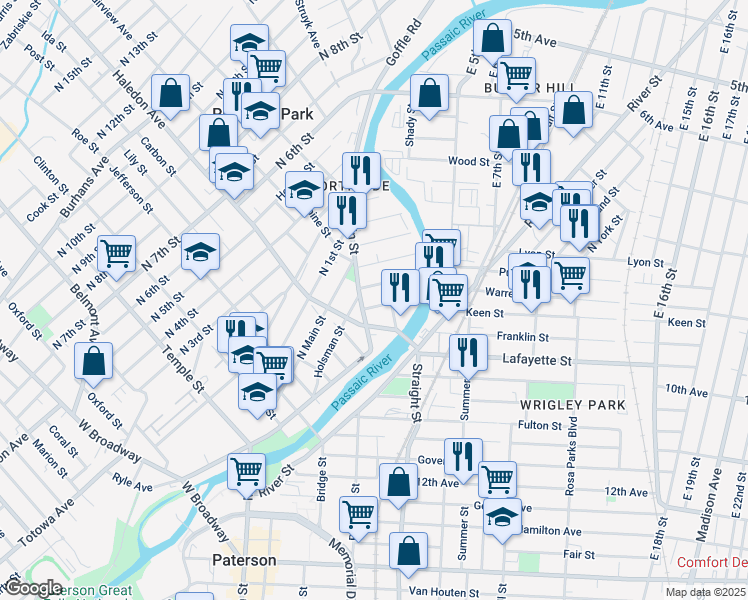 map of restaurants, bars, coffee shops, grocery stores, and more near 44 Watson Street in Paterson