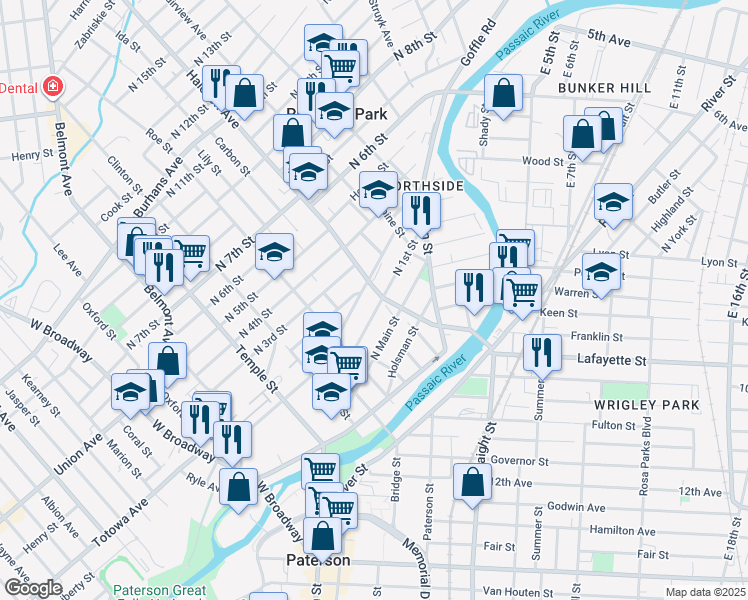 map of restaurants, bars, coffee shops, grocery stores, and more near 21 Haledon Avenue in Paterson