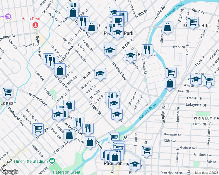 map of restaurants, bars, coffee shops, grocery stores, and more near 121 North 3rd Street in Paterson