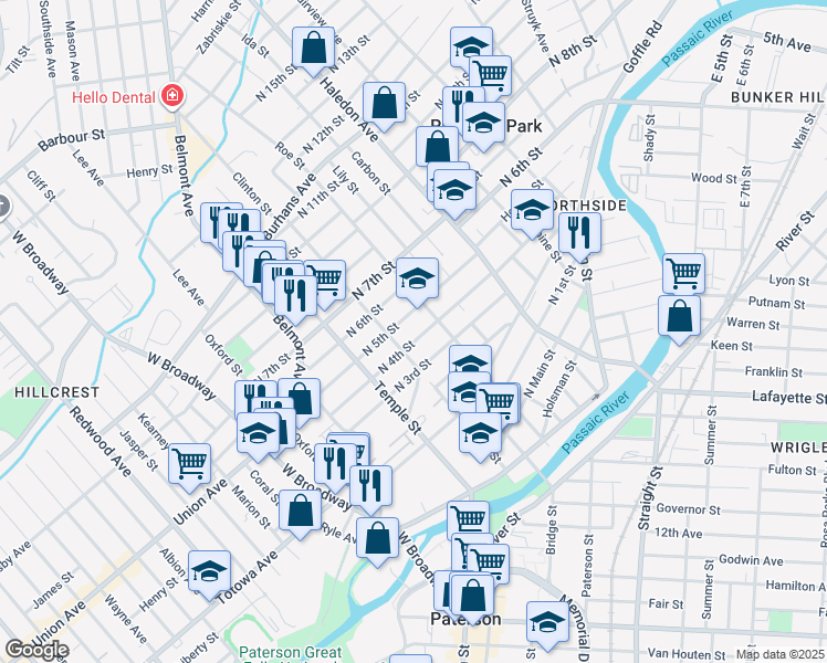 map of restaurants, bars, coffee shops, grocery stores, and more near 99 North 4th Street in Paterson