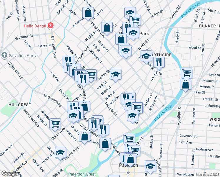 map of restaurants, bars, coffee shops, grocery stores, and more near 99 North 4th Street in Paterson