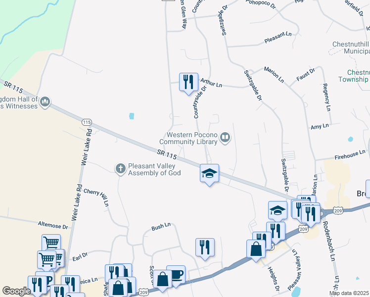 map of restaurants, bars, coffee shops, grocery stores, and more near 116 Russell Lane in Stroudsburg