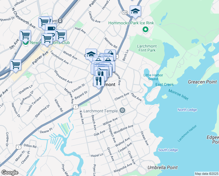 map of restaurants, bars, coffee shops, grocery stores, and more near 121 Larchmont Avenue in Larchmont