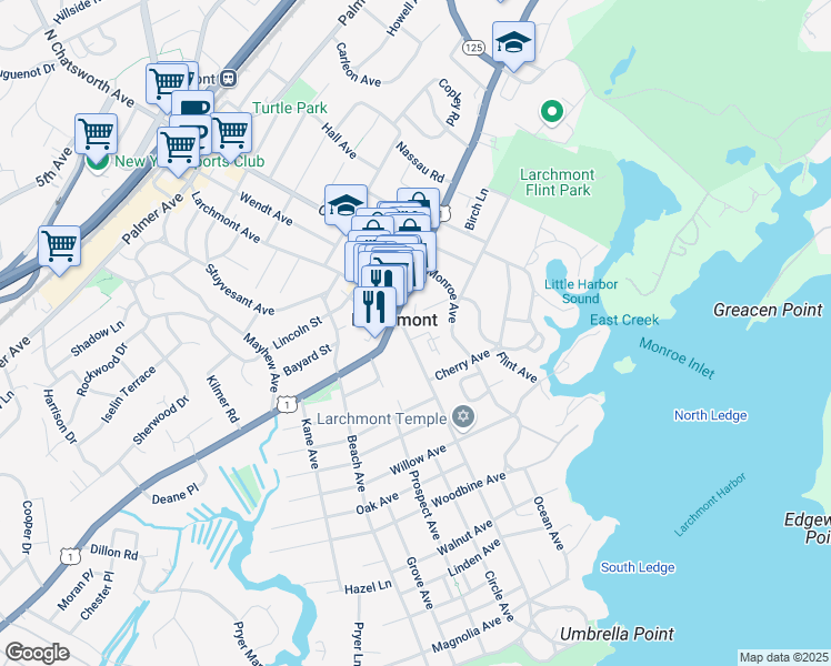 map of restaurants, bars, coffee shops, grocery stores, and more near 121 Larchmont Avenue in Larchmont
