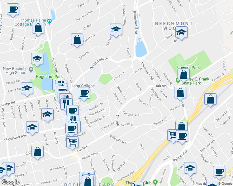 map of restaurants, bars, coffee shops, grocery stores, and more near 45 Dewey Avenue in New Rochelle