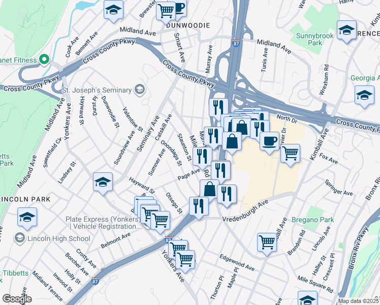 map of restaurants, bars, coffee shops, grocery stores, and more near 68 Staunton Street in Yonkers