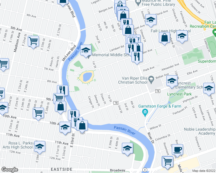 map of restaurants, bars, coffee shops, grocery stores, and more near 9-09 1st Street in Fair Lawn