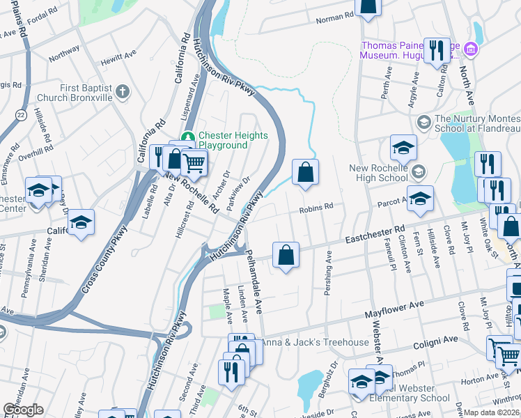 map of restaurants, bars, coffee shops, grocery stores, and more near 63 Robins Crescent in New Rochelle