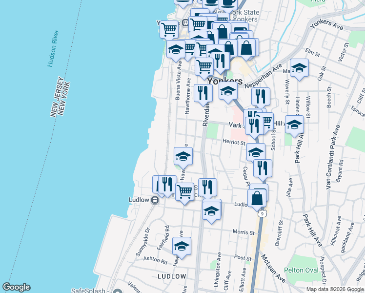 map of restaurants, bars, coffee shops, grocery stores, and more near 156 Hawthorne Avenue in Yonkers