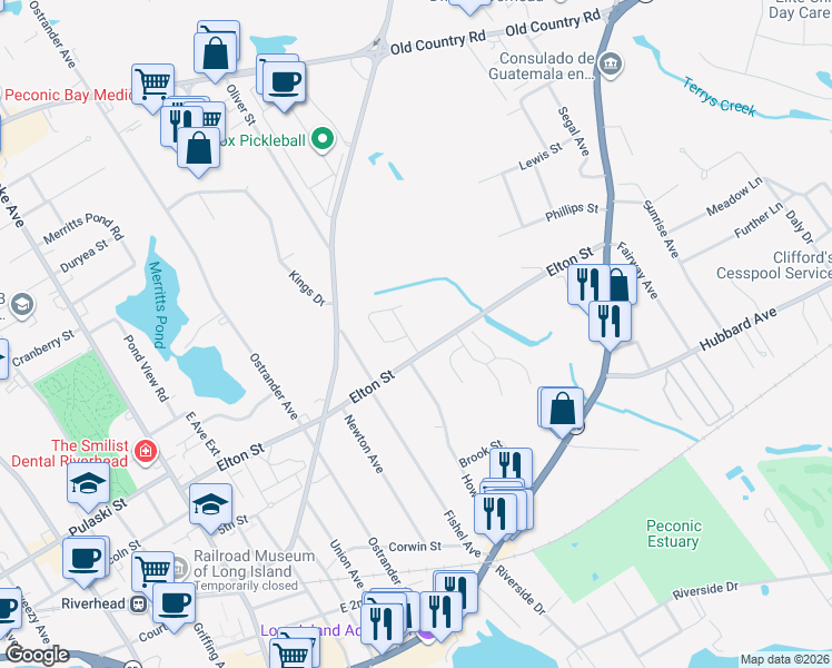 map of restaurants, bars, coffee shops, grocery stores, and more near 412 North Howell Avenue in Riverhead