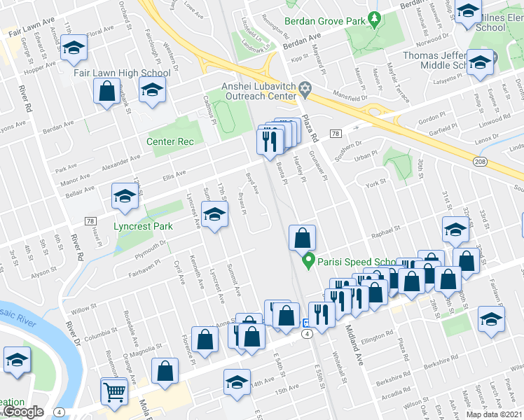 map of restaurants, bars, coffee shops, grocery stores, and more near 4-46 Boyd Avenue in Fair Lawn