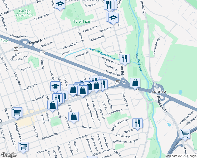 map of restaurants, bars, coffee shops, grocery stores, and more near 3809 Dobrin Court in Fair Lawn
