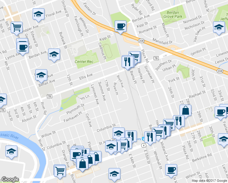 map of restaurants, bars, coffee shops, grocery stores, and more near 4-52 Bryant Place in Fair Lawn