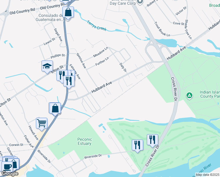 map of restaurants, bars, coffee shops, grocery stores, and more near 4 Gatz Road in Riverhead