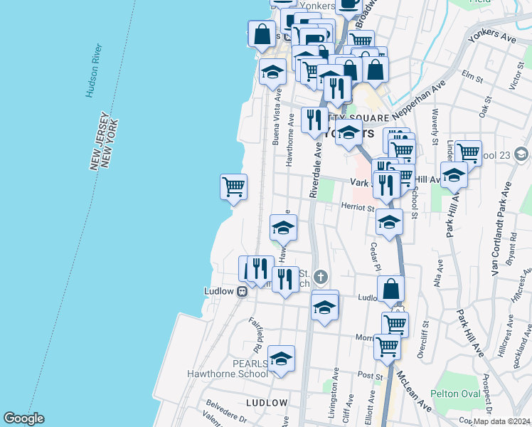 map of restaurants, bars, coffee shops, grocery stores, and more near 221 Buena Vista Avenue in Yonkers