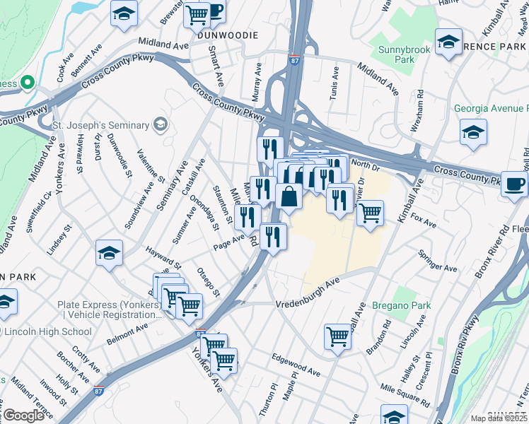 map of restaurants, bars, coffee shops, grocery stores, and more near 21 Murray Avenue in Yonkers