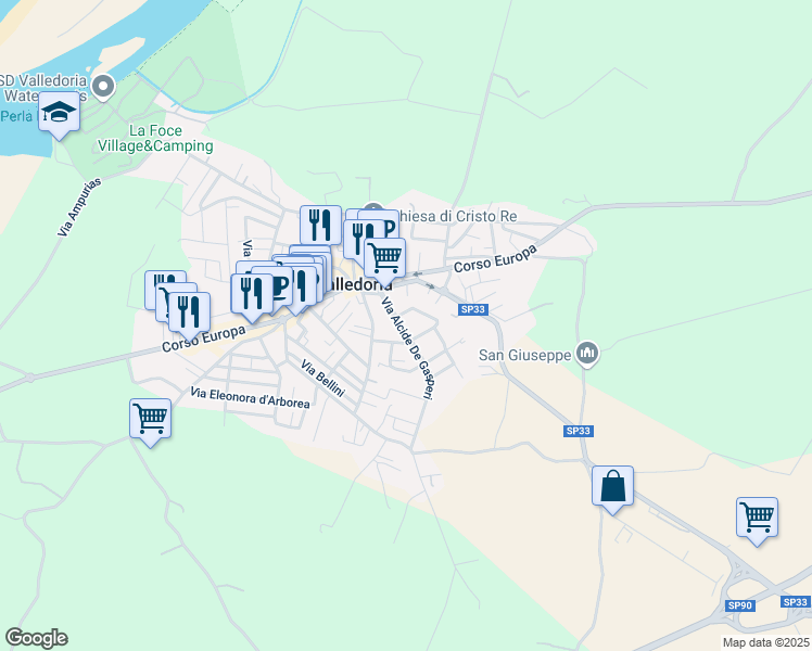 map of restaurants, bars, coffee shops, grocery stores, and more near 19 Via Alcide De Gasperi in Valledoria