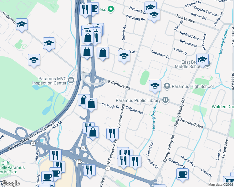map of restaurants, bars, coffee shops, grocery stores, and more near 3 Short Way in Paramus