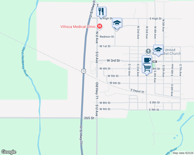 map of restaurants, bars, coffee shops, grocery stores, and more near 642 South U Avenue in Villisca