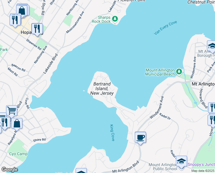 map of restaurants, bars, coffee shops, grocery stores, and more near 22 Oak Street in Mount Arlington