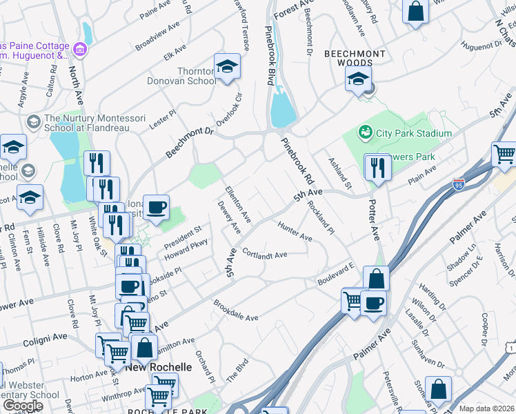 map of restaurants, bars, coffee shops, grocery stores, and more near 23 Ellenton Avenue in New Rochelle