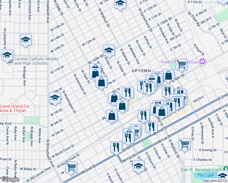 map of restaurants, bars, coffee shops, grocery stores, and more near 700 West 6th Street in Grand Island