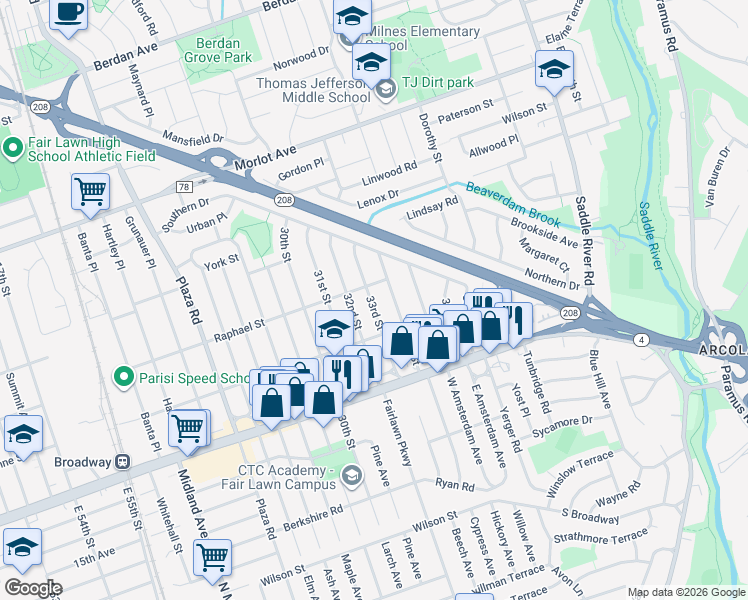 map of restaurants, bars, coffee shops, grocery stores, and more near 229 33rd Street in Fair Lawn