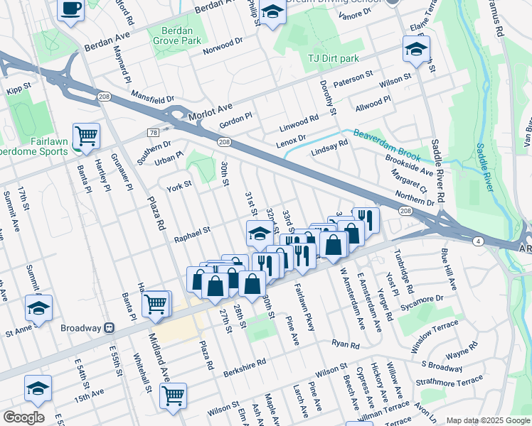 map of restaurants, bars, coffee shops, grocery stores, and more near 31-06 Raphael Street in Fair Lawn