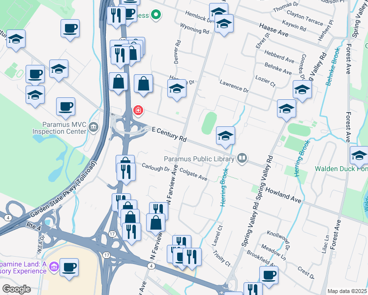 map of restaurants, bars, coffee shops, grocery stores, and more near 116 North Farview Avenue in Paramus