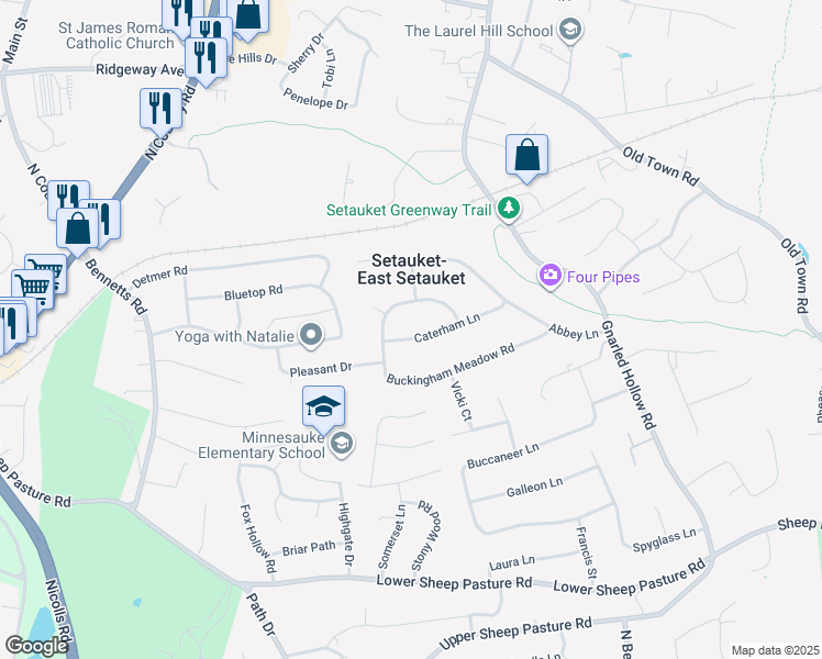 map of restaurants, bars, coffee shops, grocery stores, and more near 15 Caterham Lane in Setauket- East Setauket